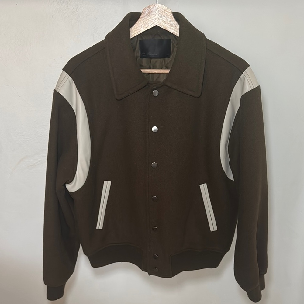 OAK + FORT Brown and White Varsity Jacket